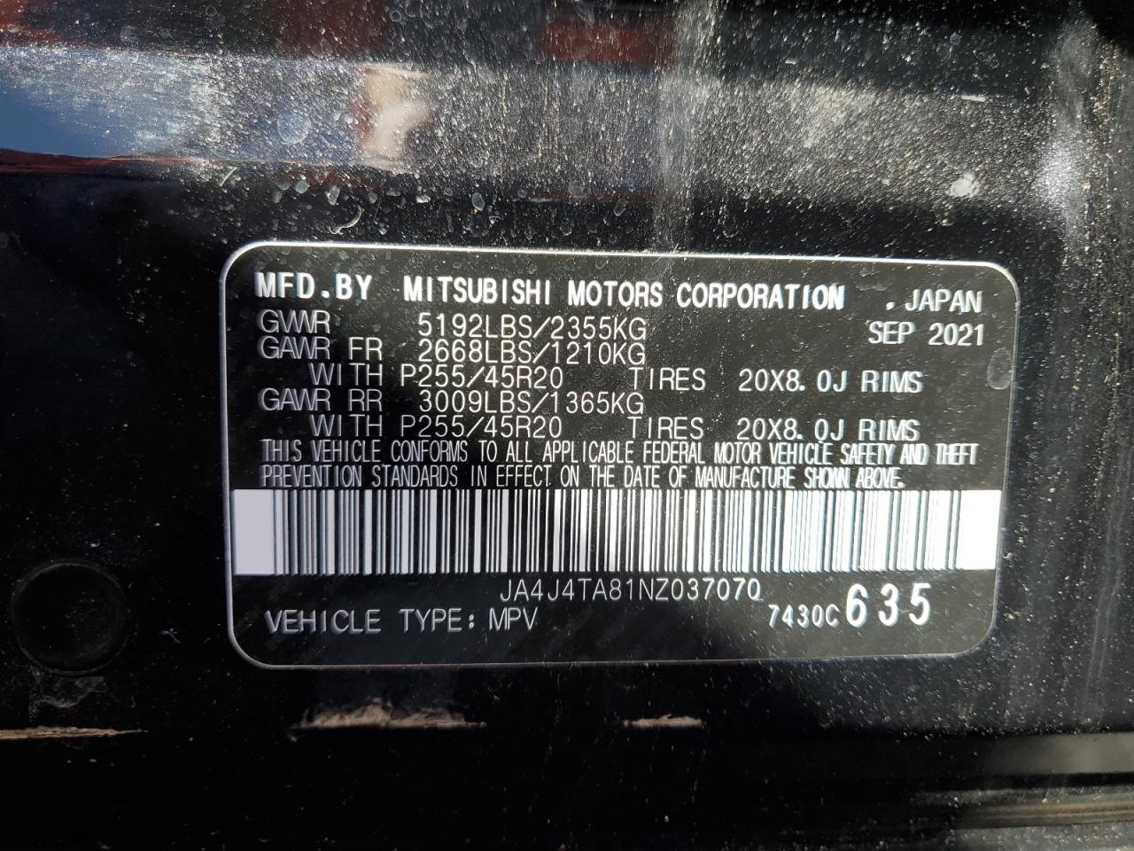 2022 MITSUBISHI OUTLANDER ES VIN:JA4J4TA81NZ037070