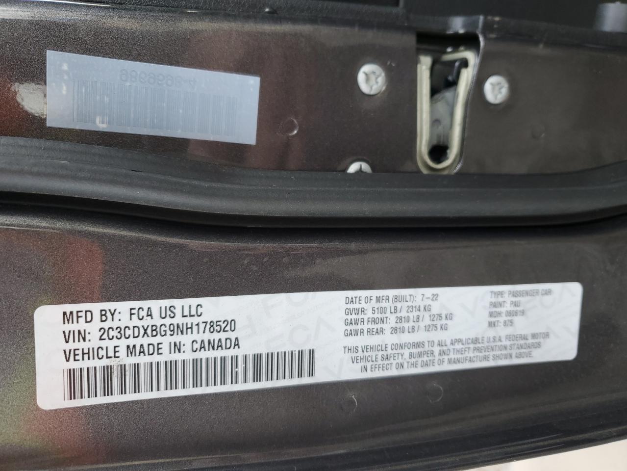 2022 DODGE CHARGER SXT VIN:2C3CDXBG9NH178520