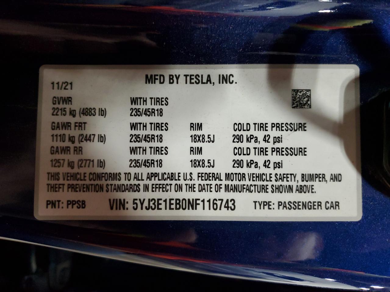 2022 TESLA MODEL 3  VIN:5YJ3E1EB0NF116743