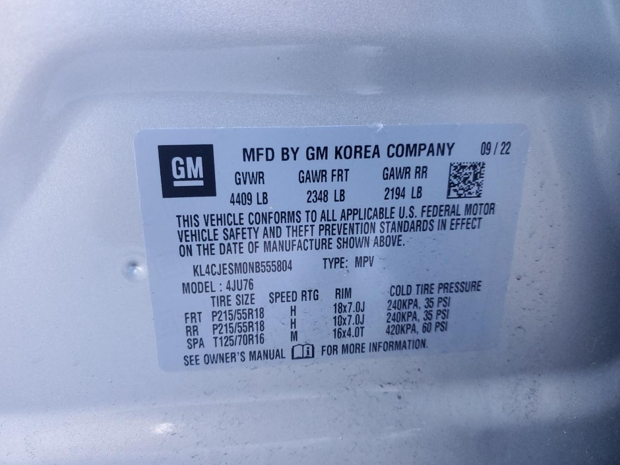 2022 BUICK ENCORE PREFERRED VIN:KL4CJESM0NB555804