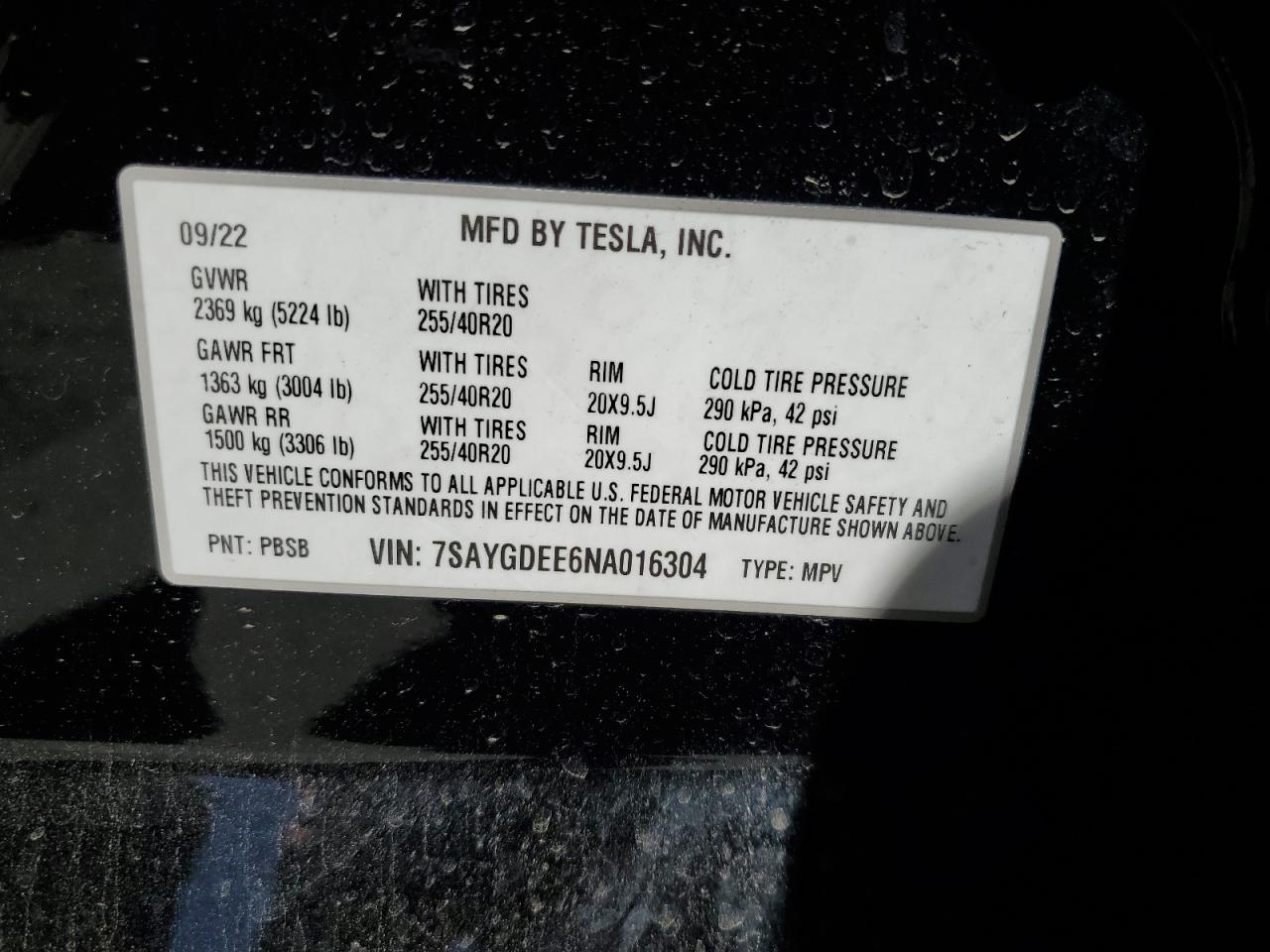 2022 TESLA MODEL Y  VIN:7SAYGDEE6NA016304