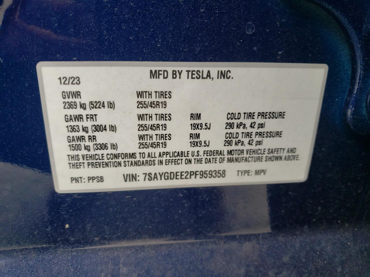 2023 TESLA MODEL Y  VIN:7SAYGDEE2PF959358