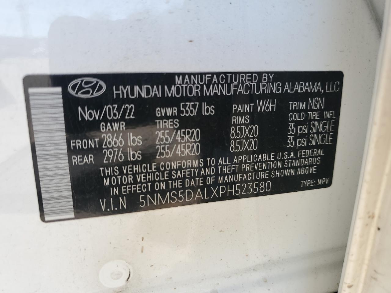 2023 HYUNDAI SANTA FE CALLIGRAPHY VIN:5NMS5DALXPH523580