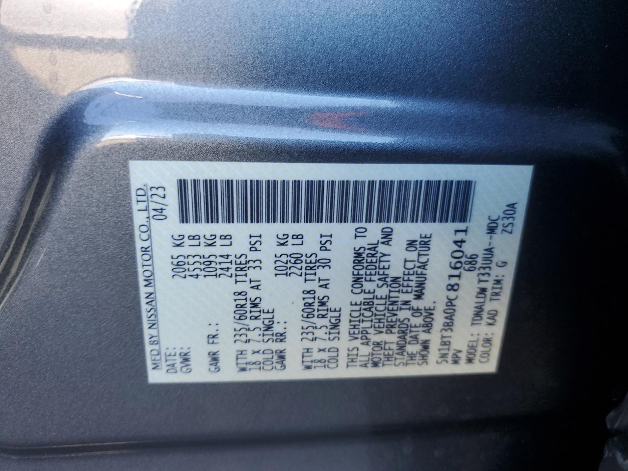 2023 NISSAN ROGUE SV VIN:5N1BT3BA0PC816041