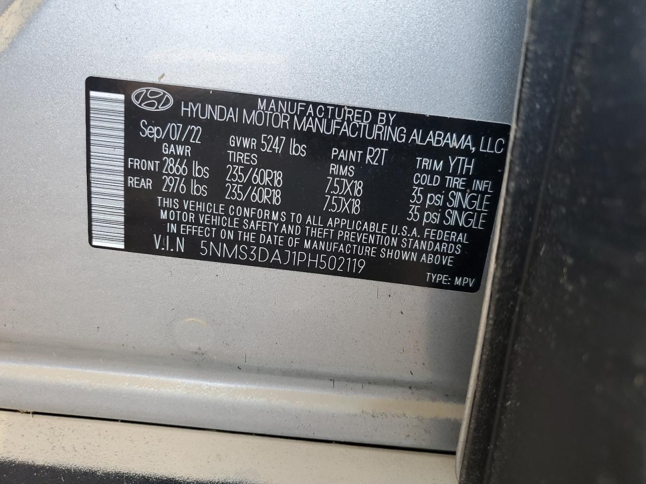 2023 HYUNDAI SANTA FE SEL PREMIUM VIN:5NMS3DAJ1PH502119