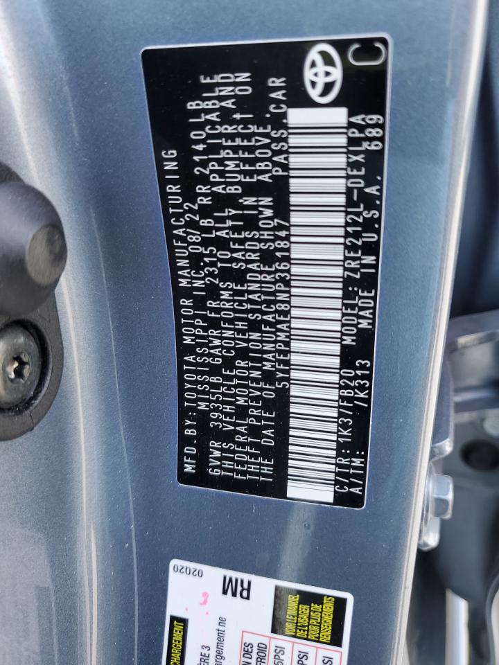 2022 TOYOTA COROLLA LE VIN:5YFEPMAE8NP361847