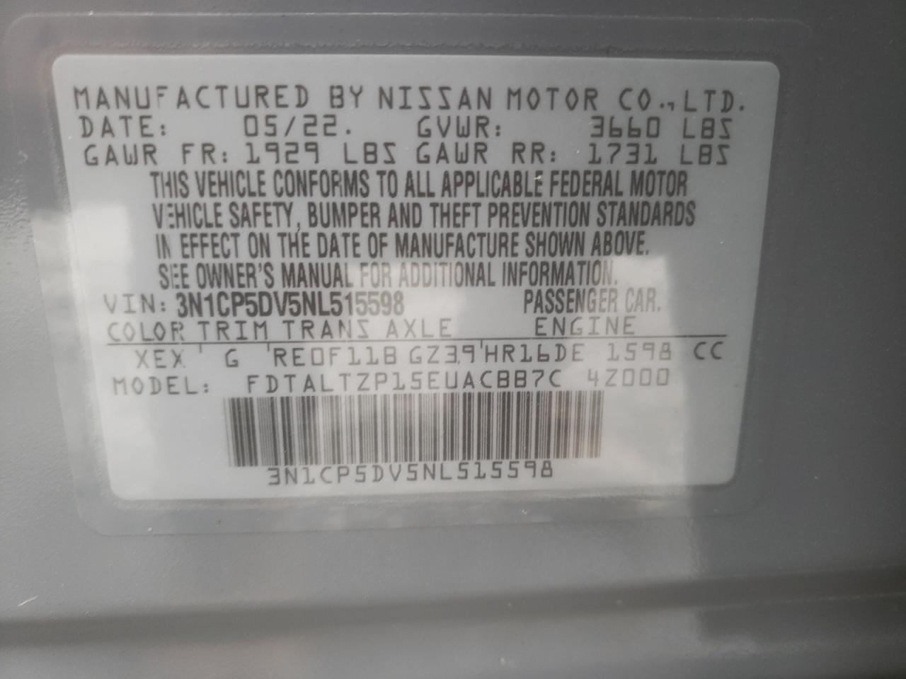 2022 NISSAN KICKS SR VIN:3N1CP5DV5NL515598