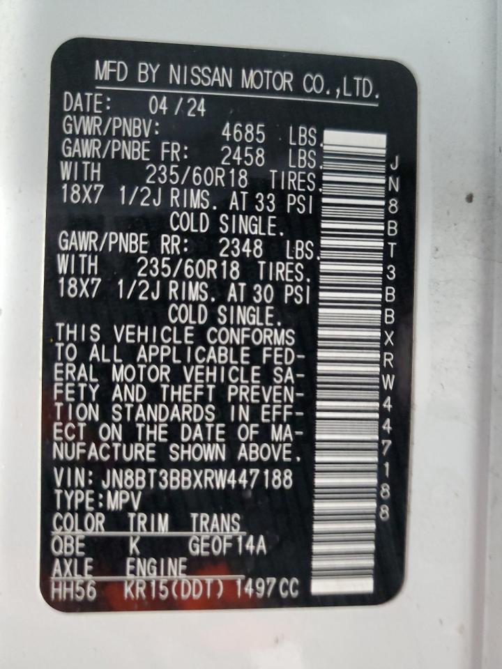 2024 NISSAN ROGUE SV VIN:JN8BT3BBXRW447188
