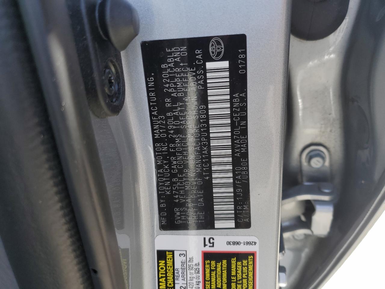 2023 TOYOTA CAMRY LE VIN:4T1C11AK3PU131809