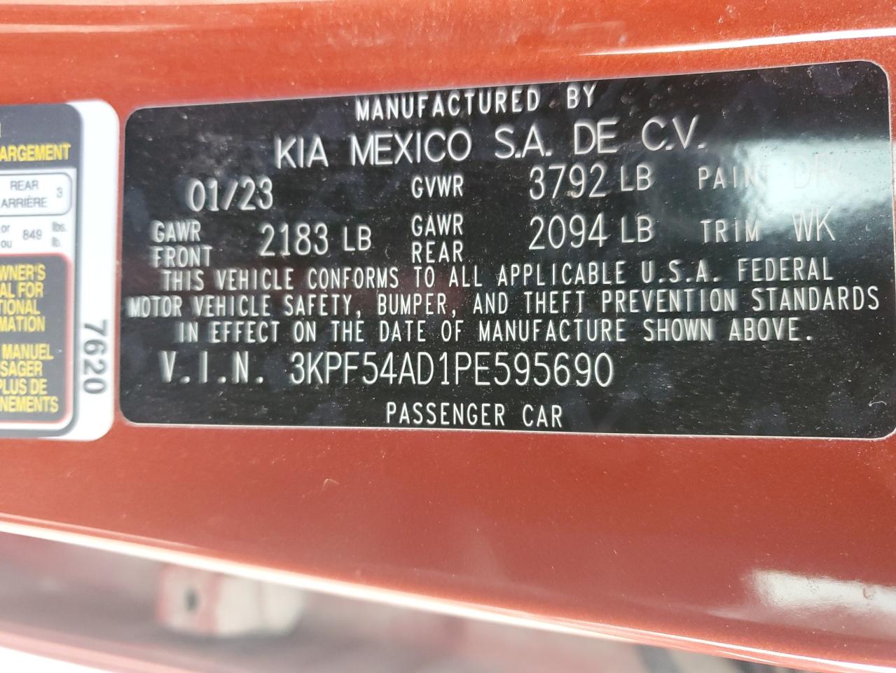 2023 KIA FORTE GT LINE VIN:3KPF54AD1PE595690