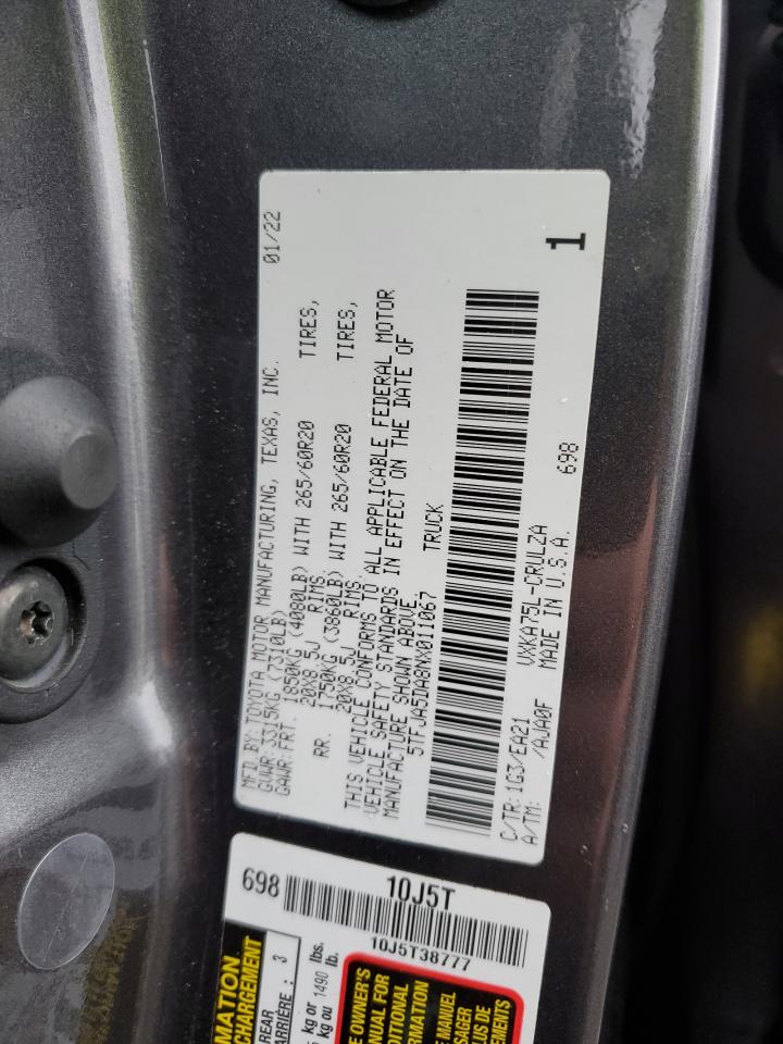 2022 TOYOTA TUNDRA DOUBLE CAB LIMITED VIN:5TFJA5DA8NX011067