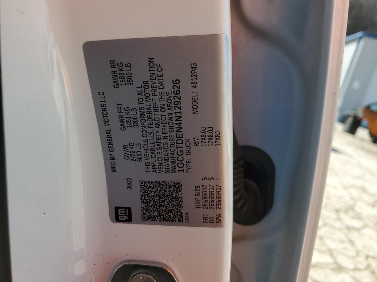 2022 CHEVROLET COLORADO Z71 VIN:1GCGTDEN4N1292626