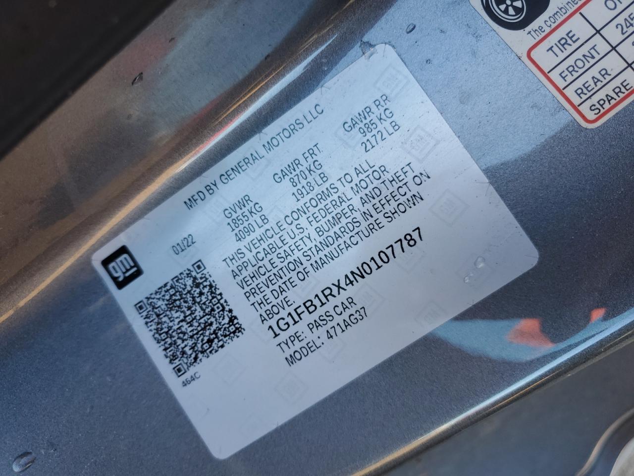 2022 CHEVROLET CAMARO LS VIN:1G1FB1RX4N0107787