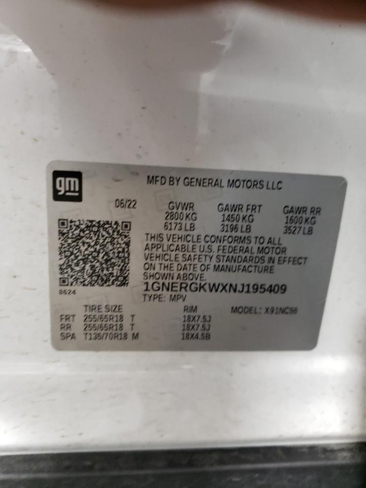 2022 CHEVROLET TRAVERSE LT VIN:1GNERGKWXNJ195409