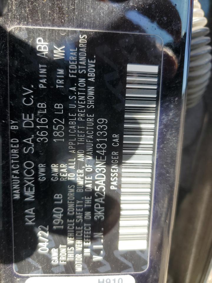 2022 KIA RIO S VIN:3KPA25AD3NE481339