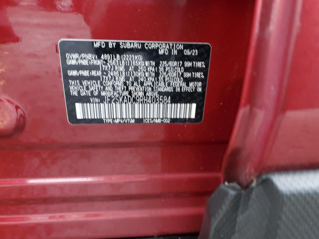 2024 SUBARU FORESTER PREMIUM VIN:JF2SKADC9RH403584