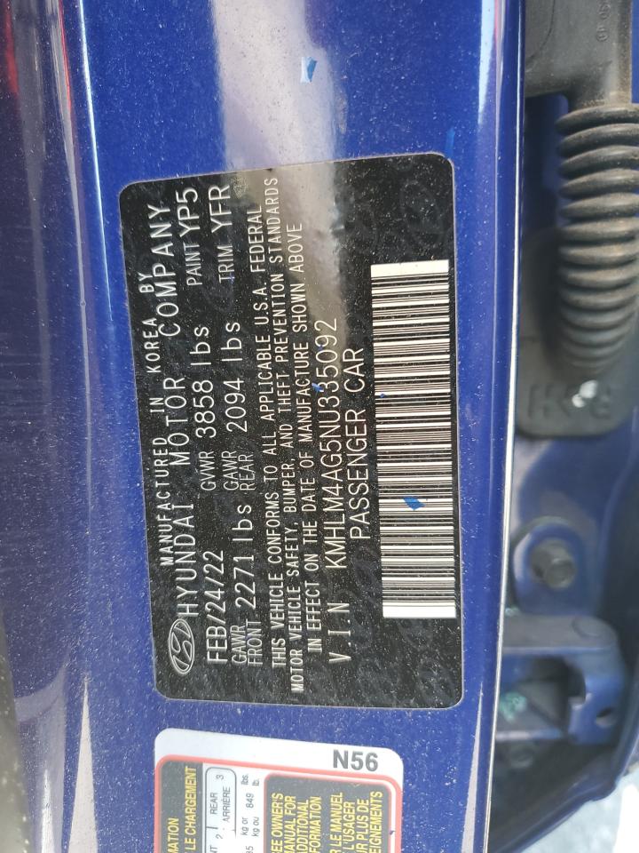 2022 HYUNDAI ELANTRA SEL VIN:KMHLM4AG5NU335092