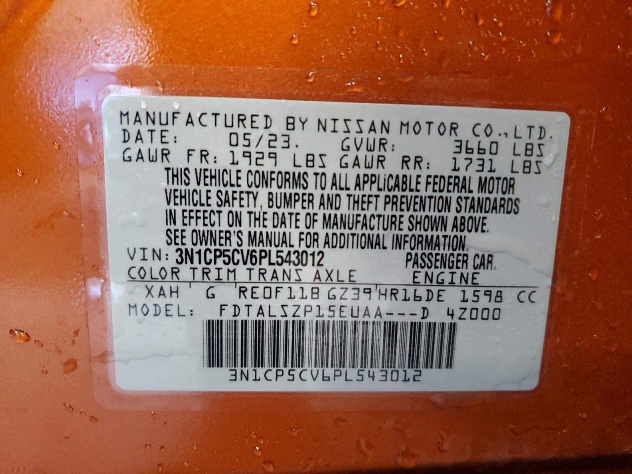 2023 NISSAN KICKS SV VIN:3N1CP5CV6PL543012