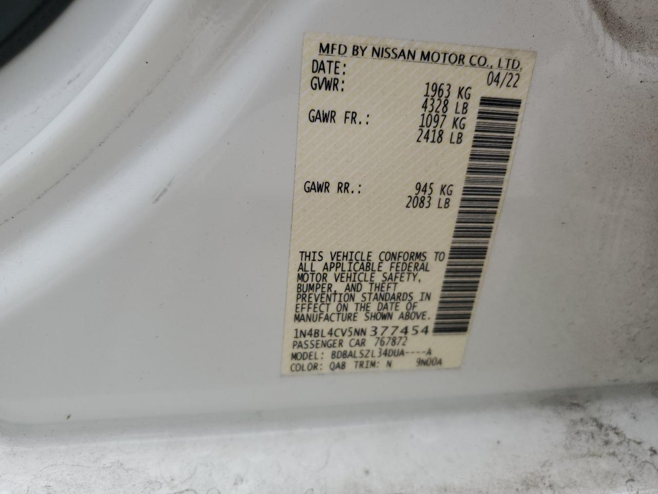 2022 NISSAN ALTIMA SR VIN:1N4BL4CV5NN377454