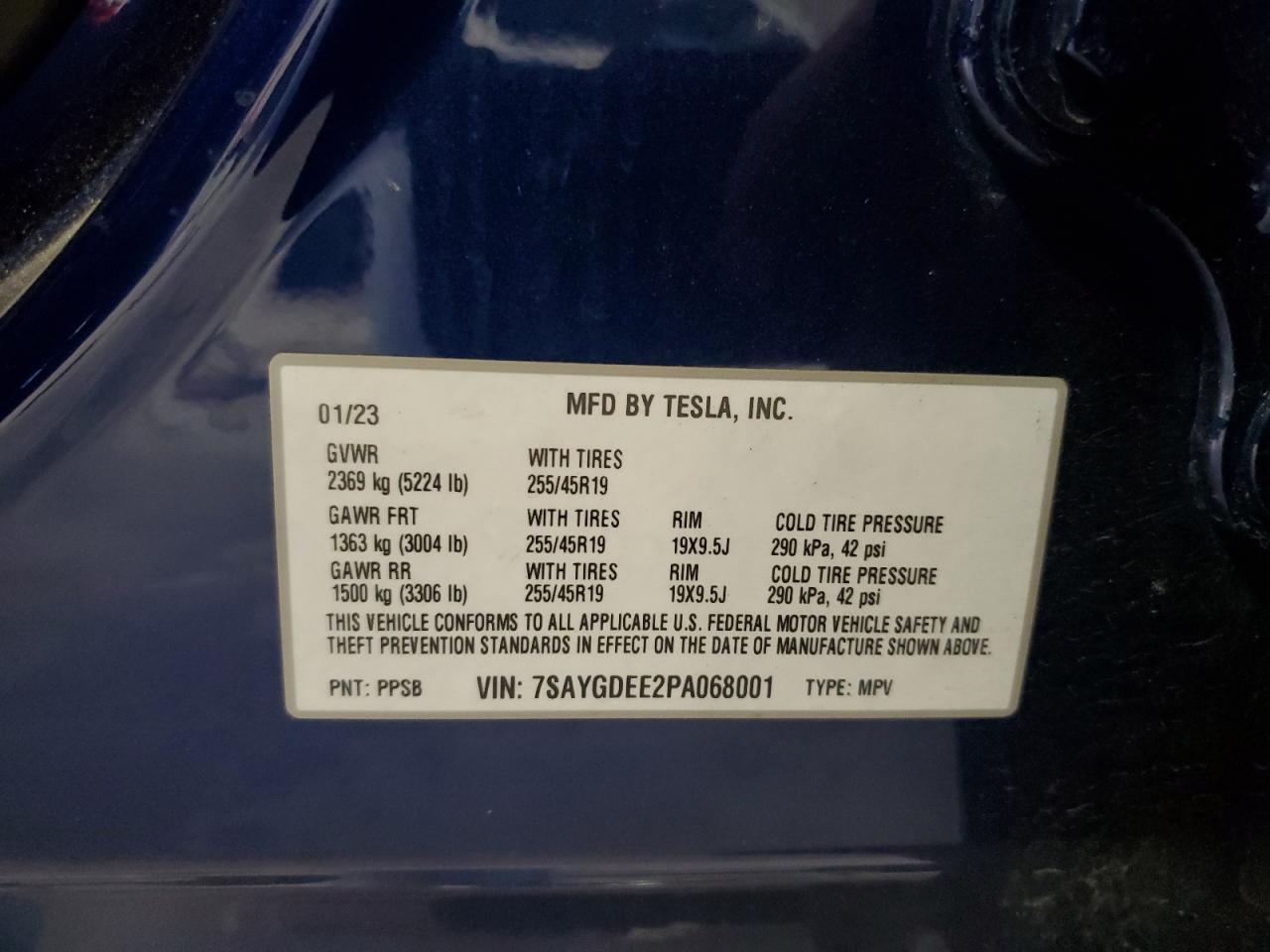 2023 TESLA MODEL Y  VIN:7SAYGDEE2PA068001