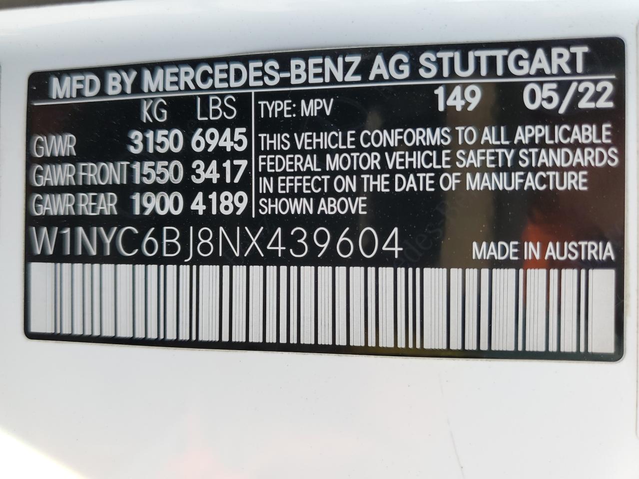 2022 MERCEDES-BENZ G 550 VIN:W1NYC6BJ8NX439604