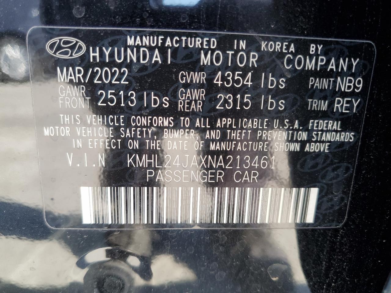 2022 HYUNDAI SONATA SE VIN:KMHL24JAXNA213461