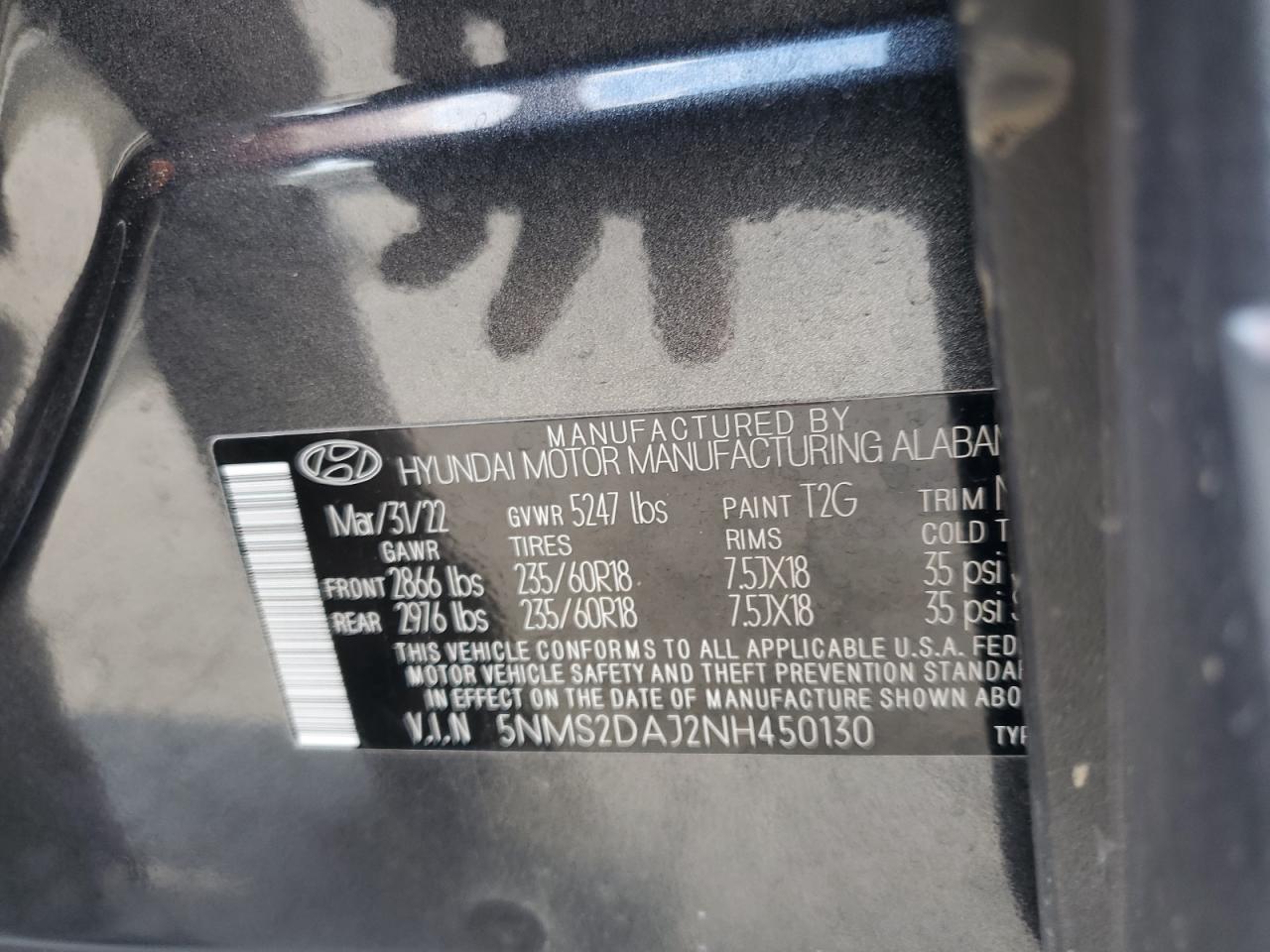 2022 HYUNDAI SANTA FE SEL VIN:5NMS2DAJ2NH450130