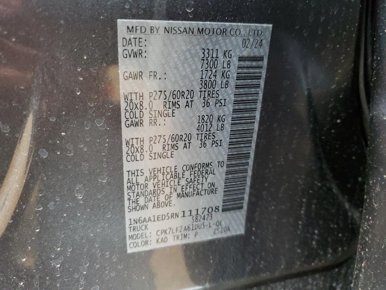 2024 NISSAN TITAN PRO-4X VIN:1N6AA1ED5RN111708