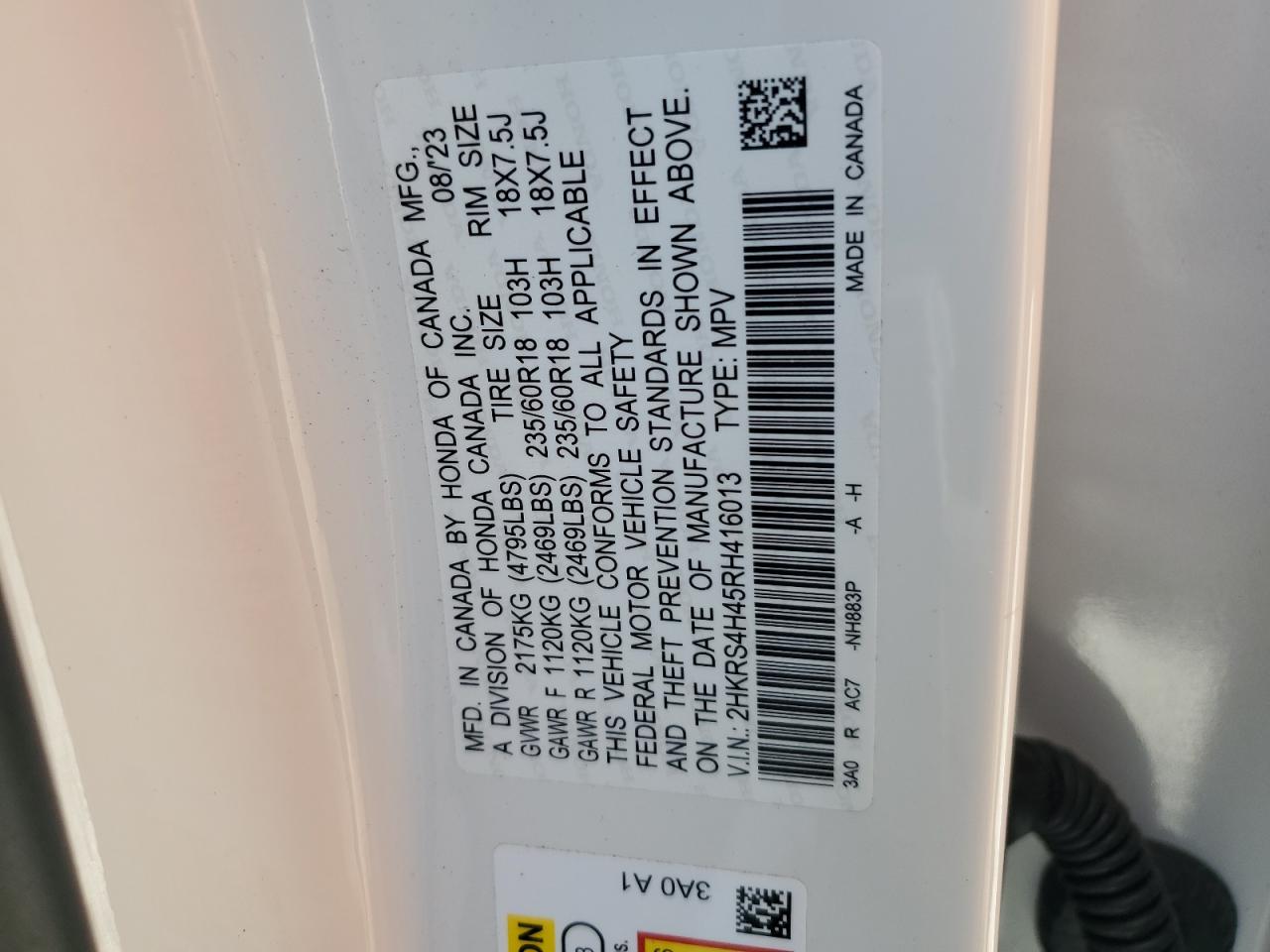 2024 HONDA CR-V EX VIN:2HKRS4H45RH416013