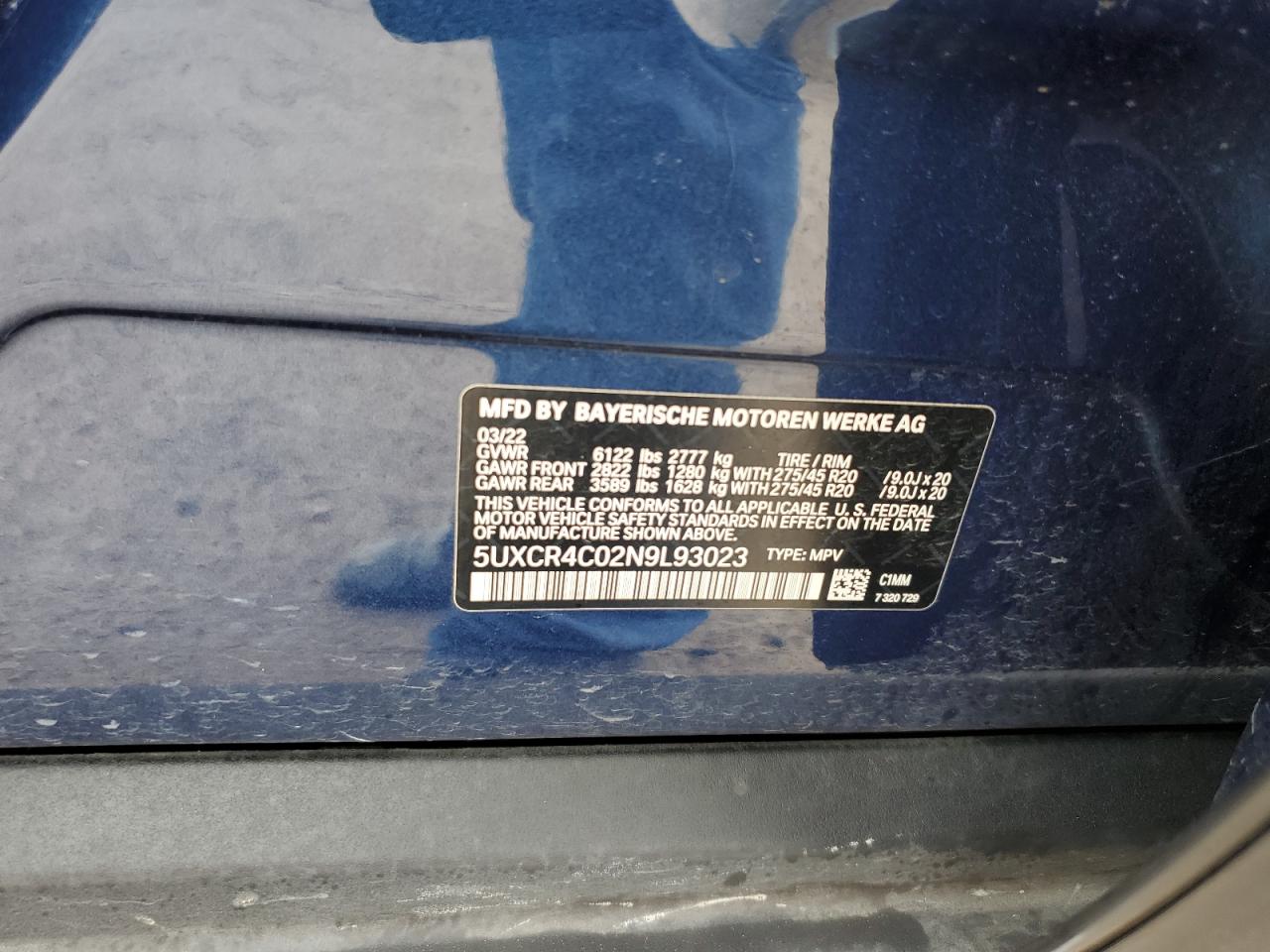 2022 BMW X5 SDRIVE 40I VIN:5UXCR4C02N9L93023