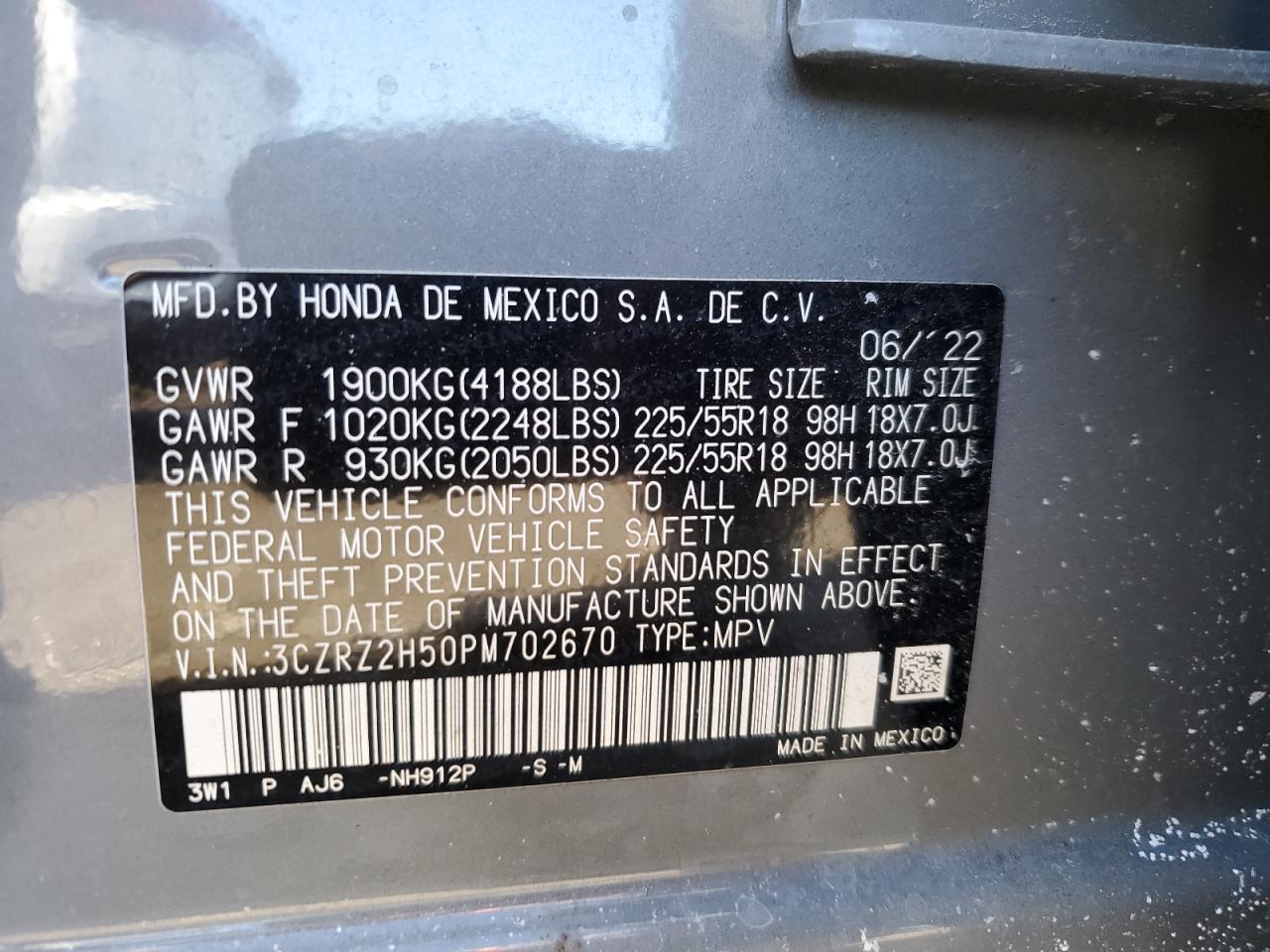 2023 HONDA HR-V SPORT VIN:3CZRZ2H50PM702670