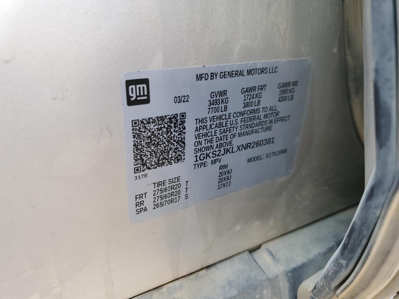 2022 GMC YUKON XL DENALI VIN:1GKS2JKLXNR260381