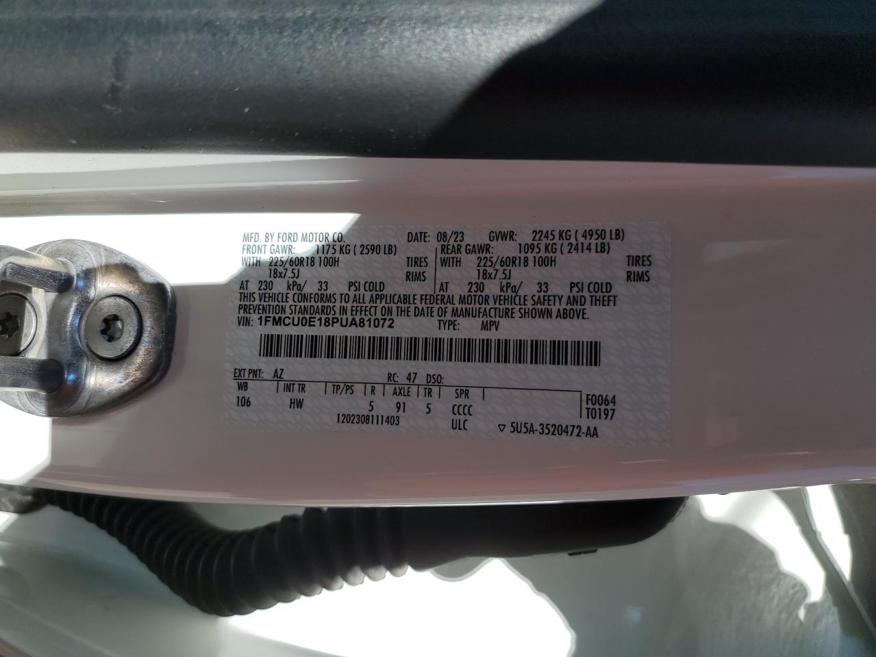 2023 FORD ESCAPE  VIN:1FMCU0E18PUA81072