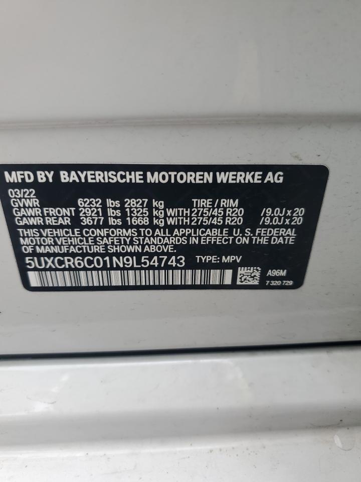 2022 BMW X5 XDRIVE40I VIN:5UXCR6C01N9L54743