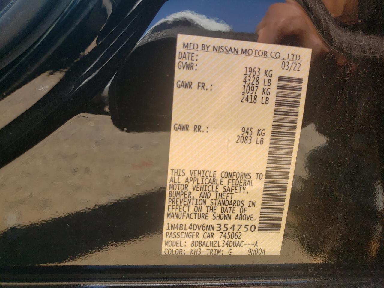 2022 NISSAN ALTIMA SV VIN:1N4BL4DV6NN354750
