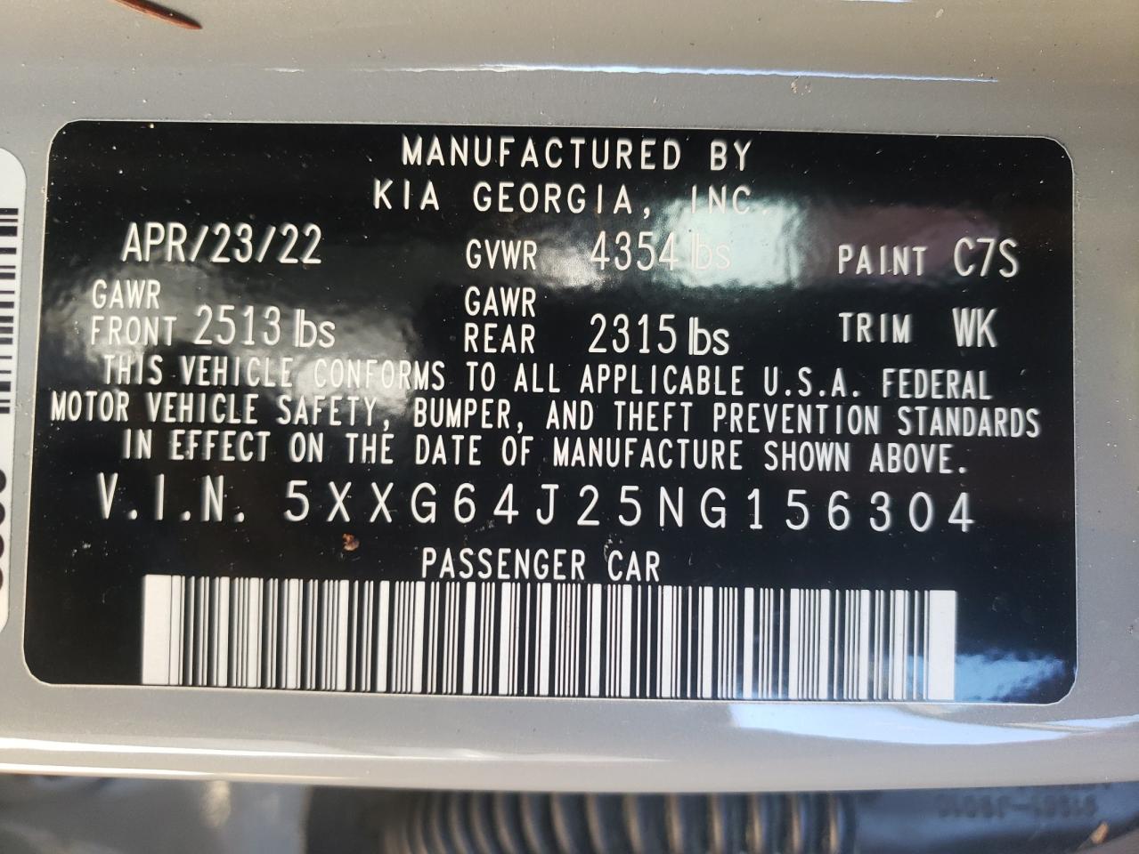 2022 KIA K5 GT LINE VIN:5XXG64J25NG156304