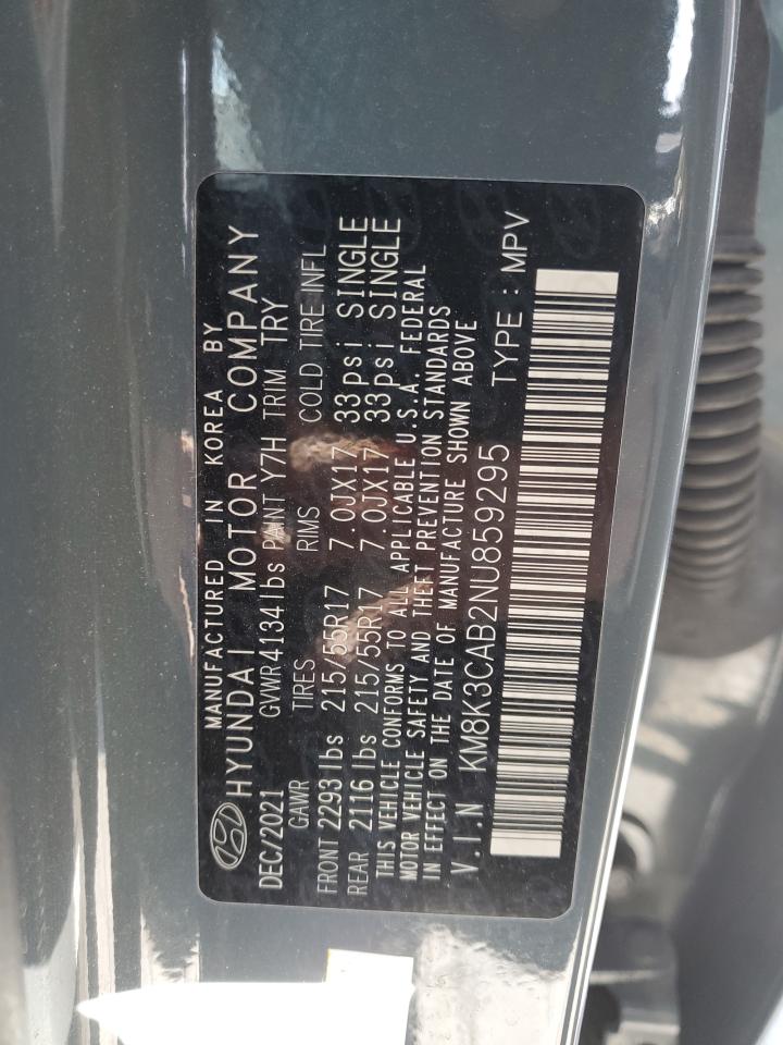 2022 HYUNDAI KONA SEL VIN:KM8K3CAB2NU859295