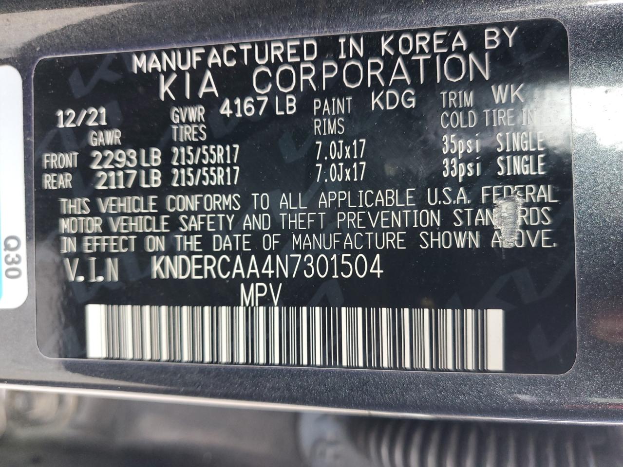 2022 KIA SELTOS EX VIN:KNDERCAA4N7301504
