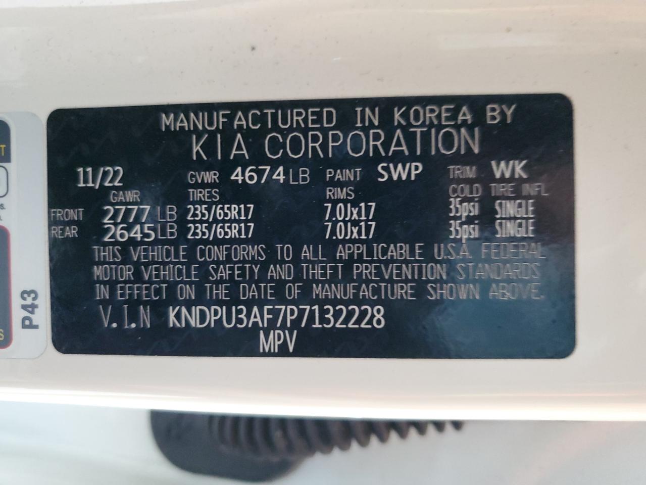 2023 KIA SPORTAGE LX VIN:KNDPU3AF7P7132228