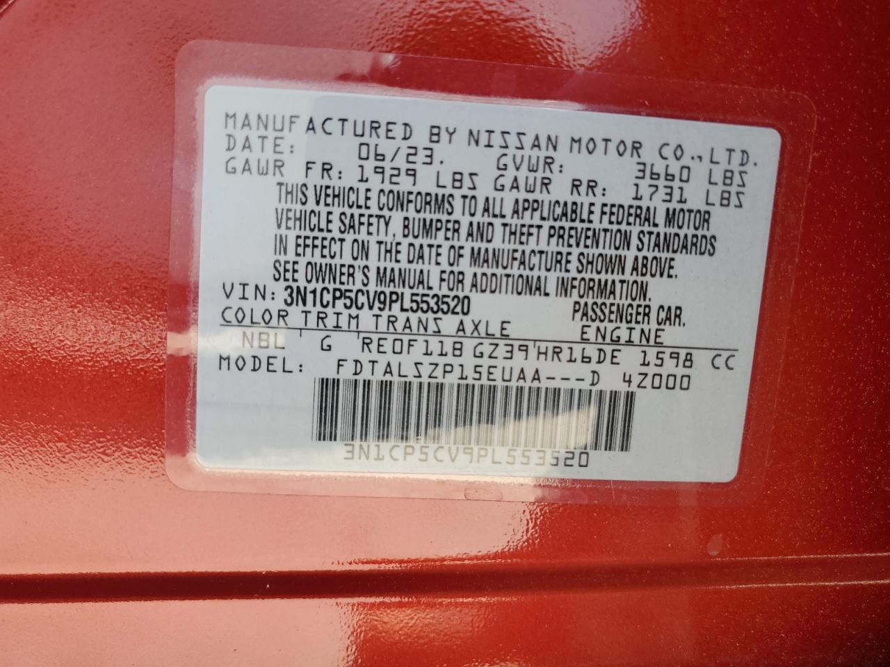 2023 NISSAN KICKS SV VIN:3N1CP5CV9PL553520