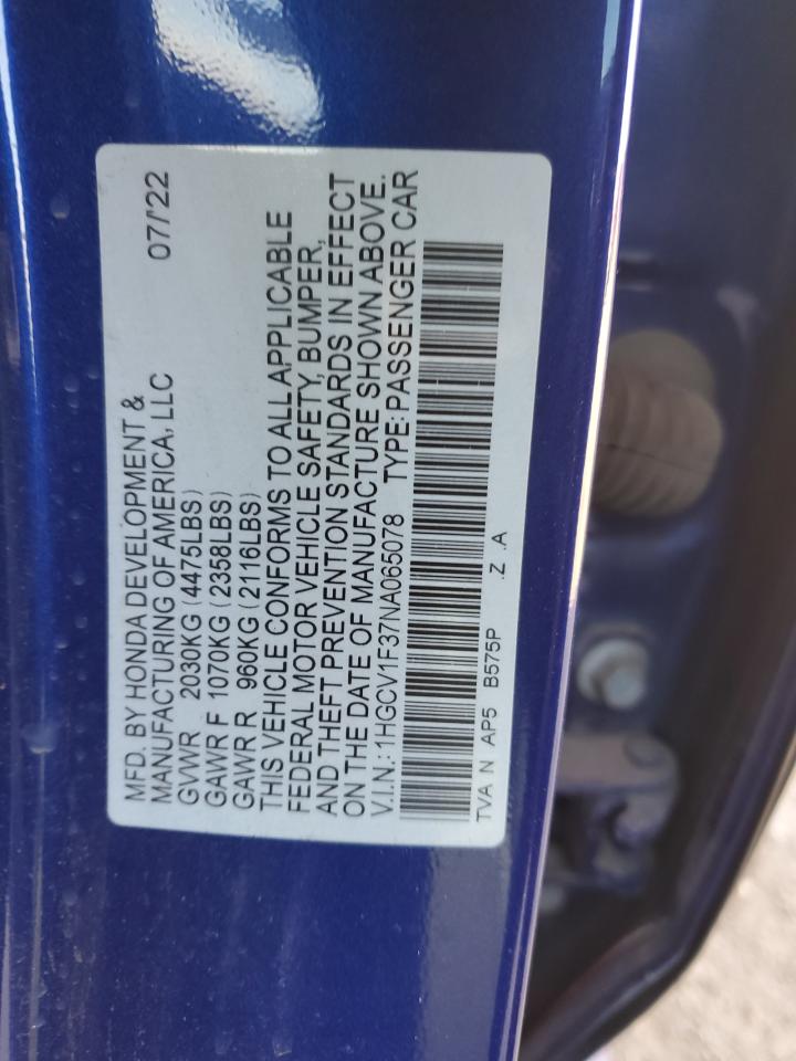 2022 HONDA ACCORD SPORT VIN:1HGCV1F37NA065078