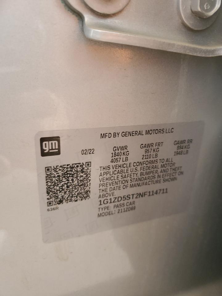 2022 CHEVROLET MALIBU LT VIN:1G1ZD5ST2NF114711