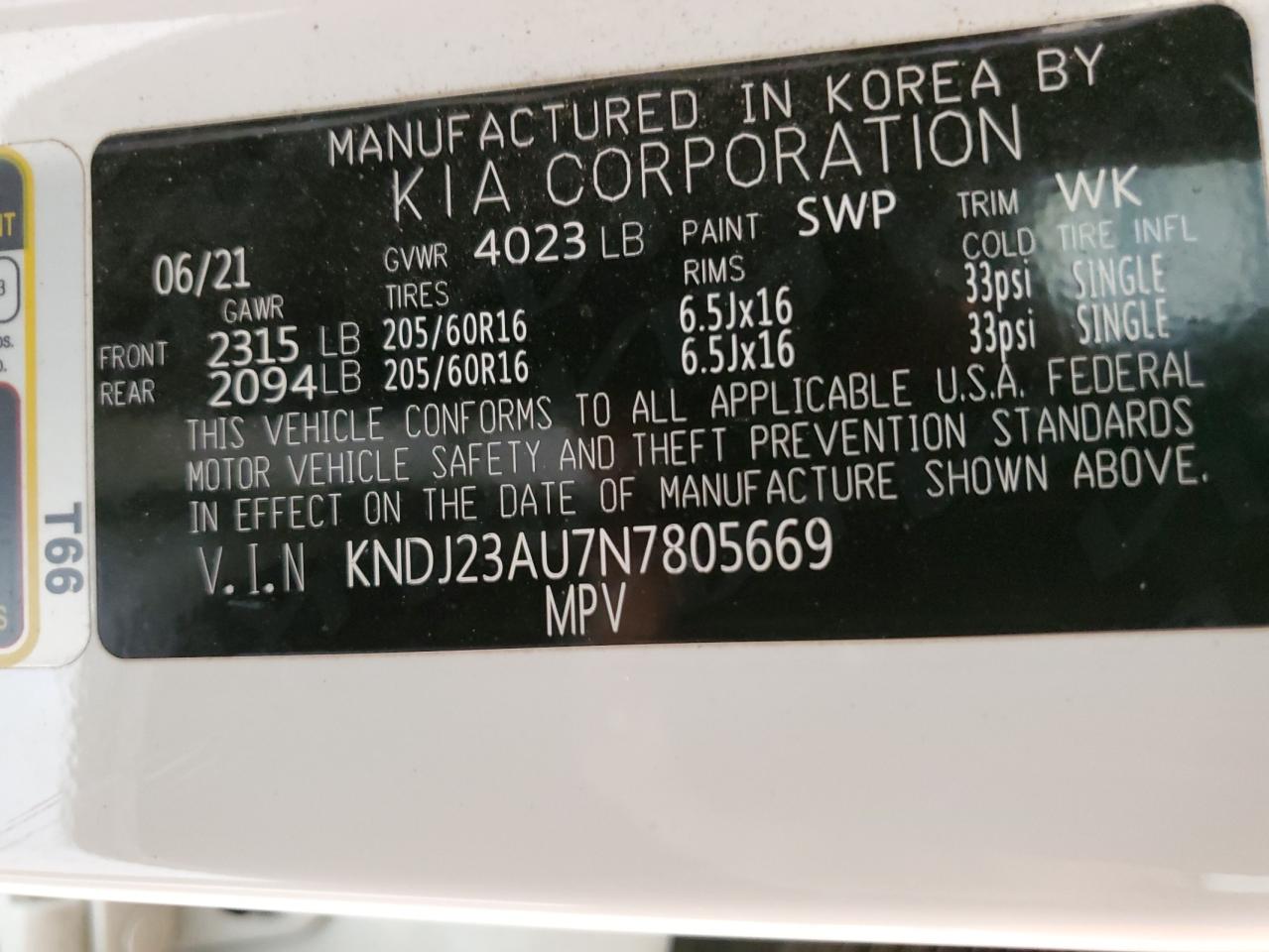 2022 KIA SOUL LX VIN:KNDJ23AU7N7805669