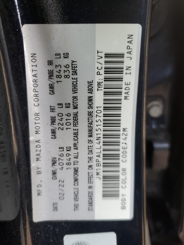 2022 MAZDA 3 PREFERRED VIN:JM1BPALL4N1515701