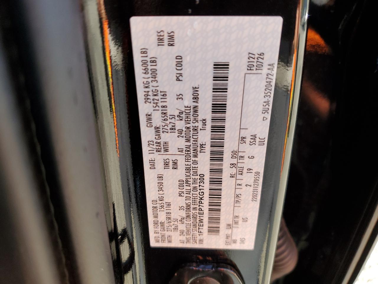 2023 FORD F150 SUPERCREW VIN:1FTEW1EP7PKG17300