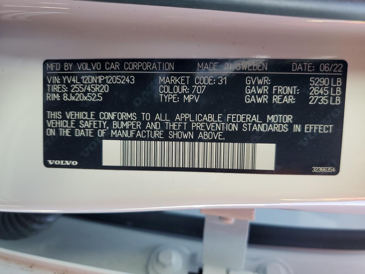 2023 VOLVO XC60 PLUS VIN:YV4L12DN1P1205243