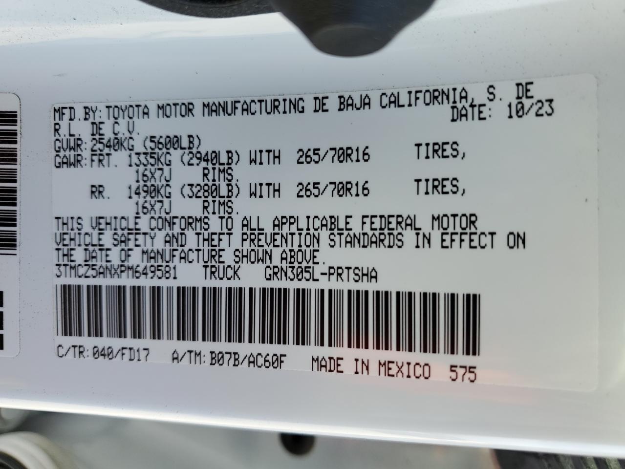 2023 TOYOTA TACOMA DOUBLE CAB VIN:3TMCZ5ANXPM649581