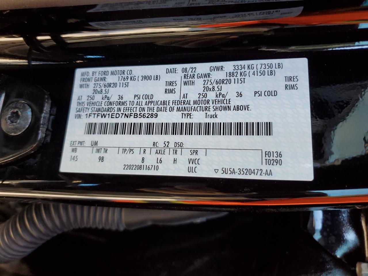 2022 FORD F150 SUPERCREW VIN:1FTFW1ED7NFB56289