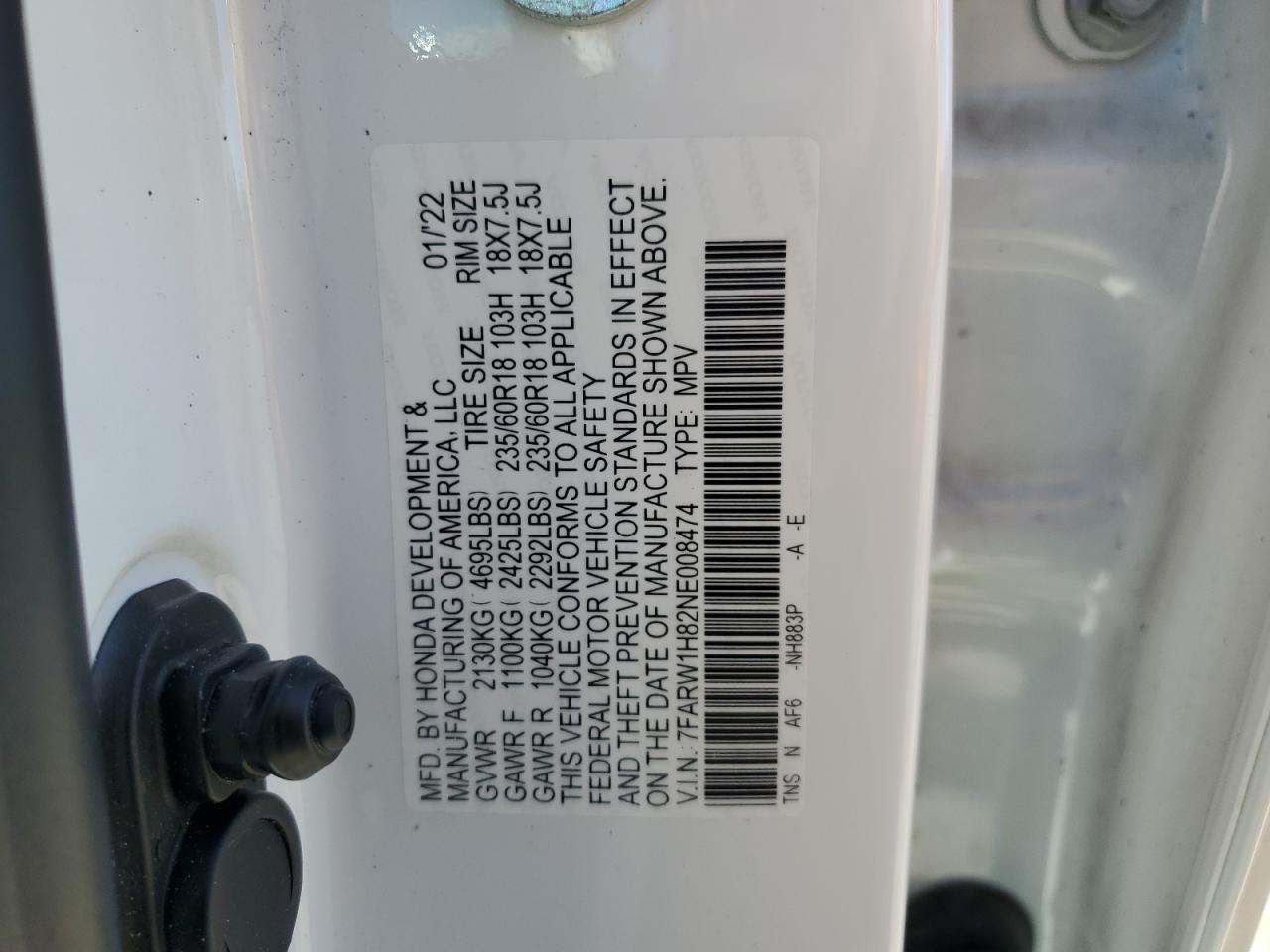 2022 HONDA CR-V EXL VIN:7FARW1H82NE008474