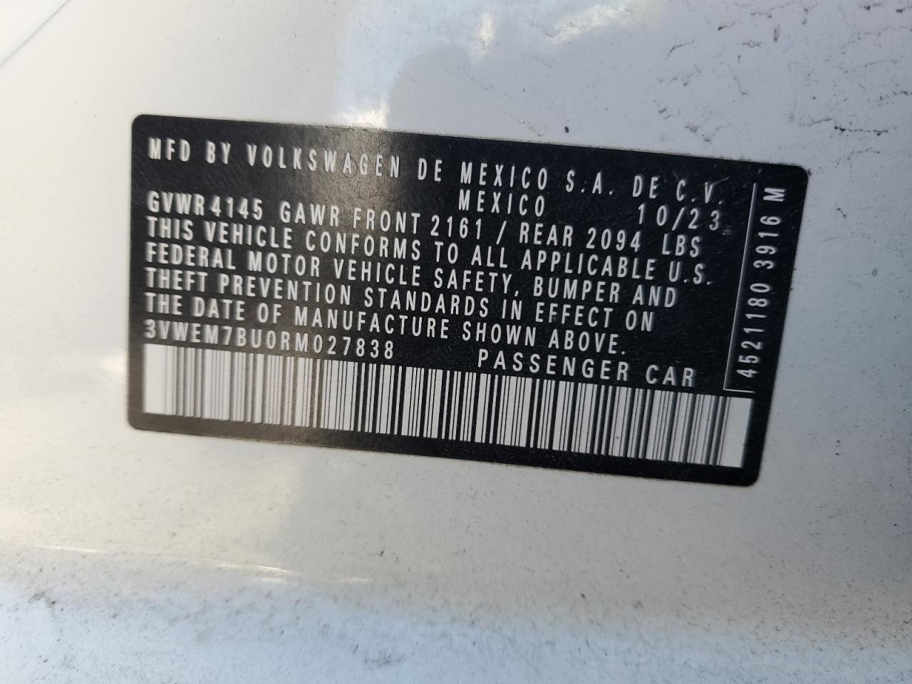 2024 VOLKSWAGEN JETTA SE VIN:3VWEM7BU0RM027838